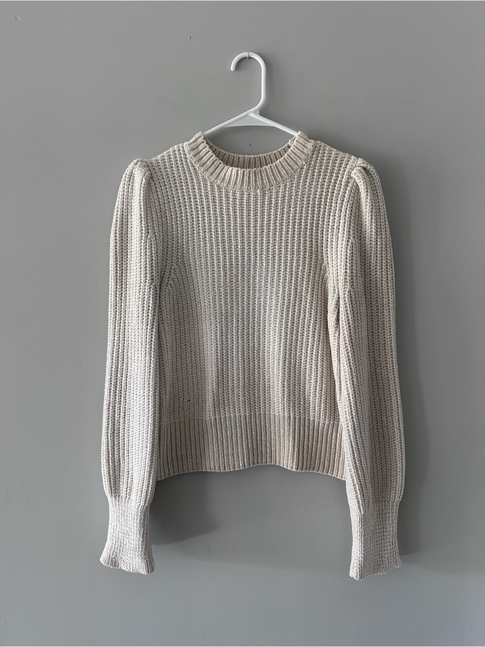 H&M Cream Ribbed Crew Neck Sweater with Puff Shoulders